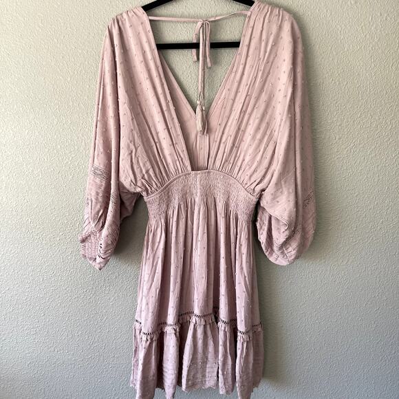 Boho Swiss Dot Crochet Accent Open Tassel Tie Back Womens Balloon Sleeve Dress S - Picture 3 of 14